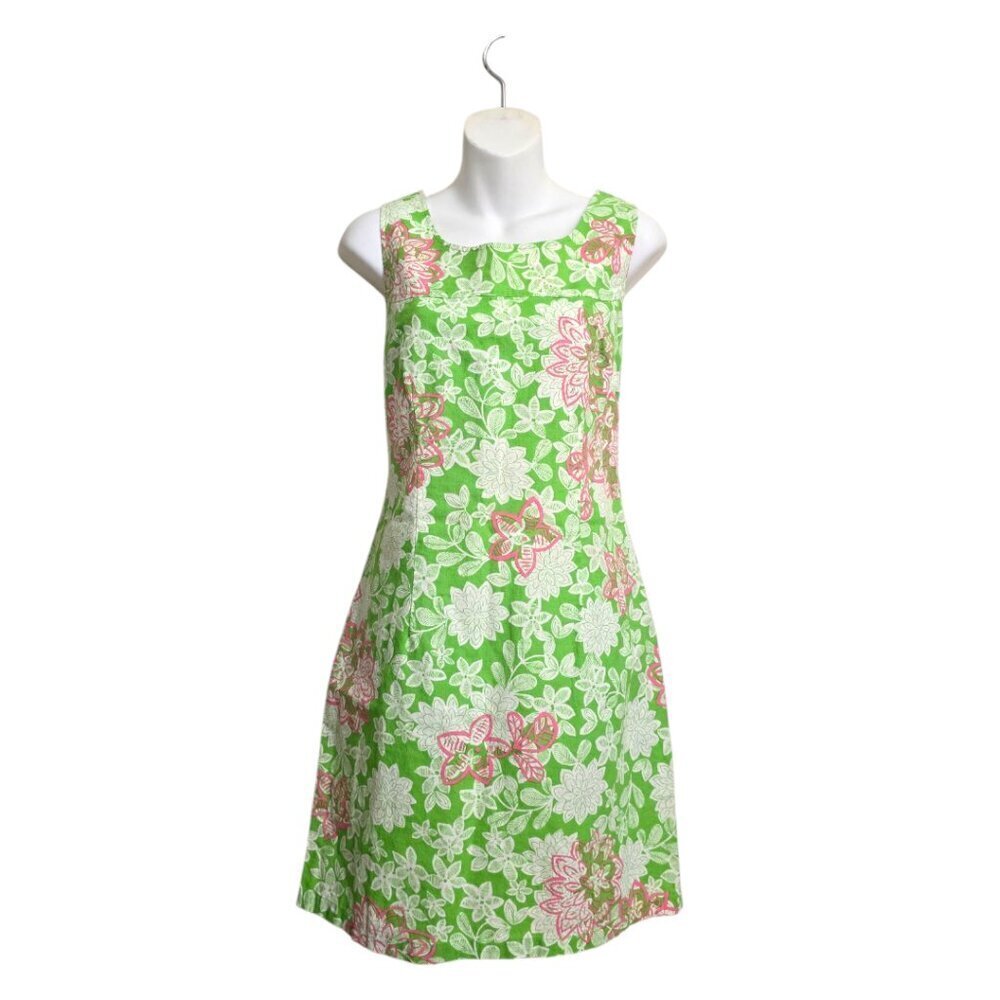Duck Head Bright Green Floral Linen Blend Sleeveless A-Line Dress Sz 10